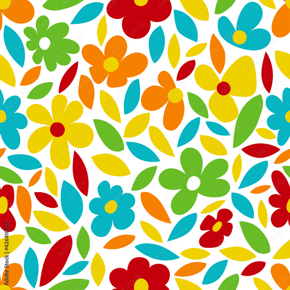 Bright, colorful, pretty floral patterns of large, randomly scattered flowers and leaves. Seamless vector texture. Template for fashion prints.