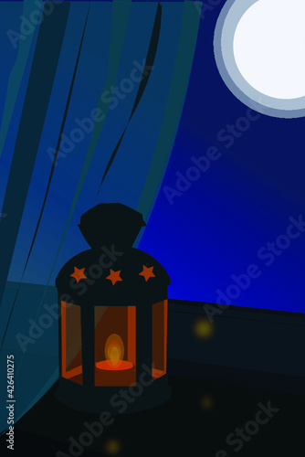 lamp light beside a window at night