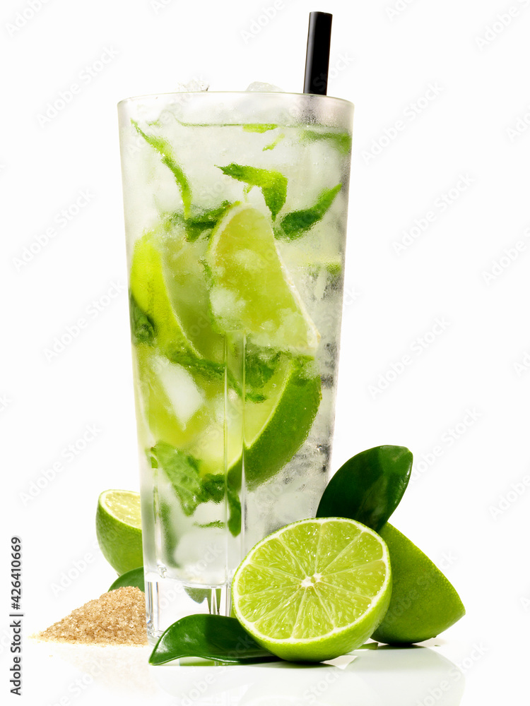 Mojito Cocktail with Lime and brown Sugar on white Background - Isolated Mojito Cocktail with Lime and brown Sugar on white Background - Isolated