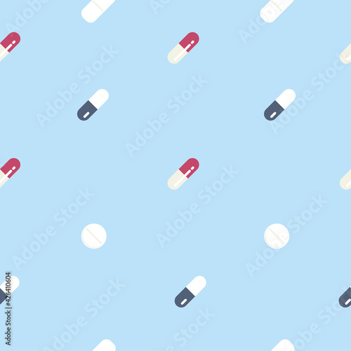 Medical seamless pattern of pills and capsules. Hand drawn isolated elements. Medicine supplements. Vector Illustration.