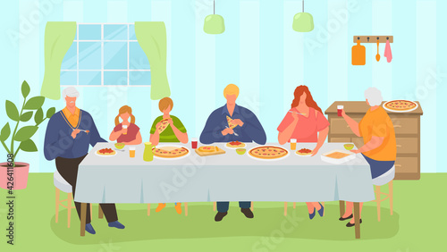 Family dinner, happy people take meal together, vector illustration. Man woman kid people character eat pizza at home. Mother father grandparents