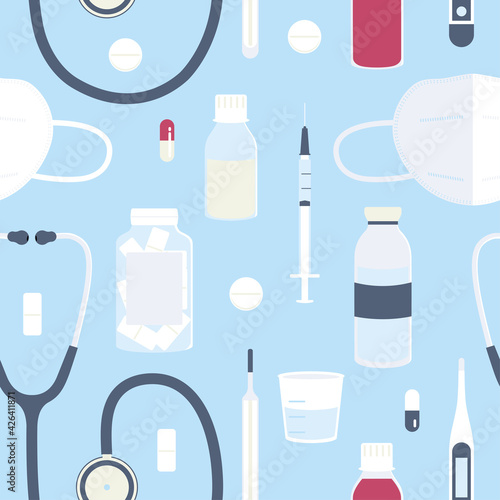 Medical, pharmaceuticals seamless pattern. Vector illustration. Medicine elements equipment. Treatment pill, drugs, capsules, syringe, thermometer, stethoscope, medical mask.