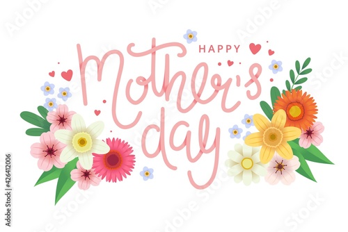 Mother s day greeting card with flowers and lettering. Vector illustration