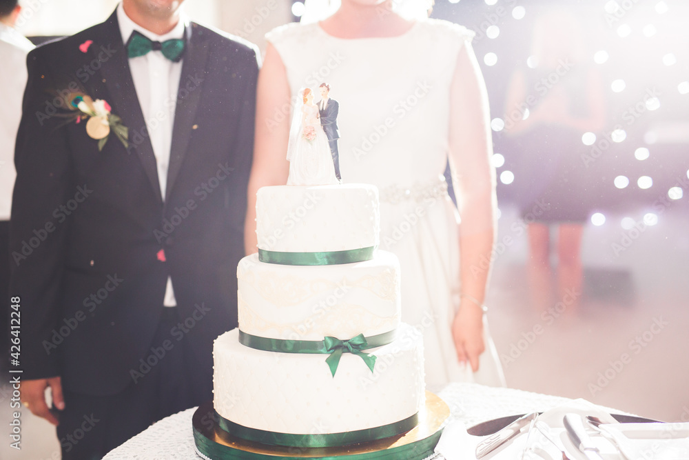 Bride and groom at wedding cutting the wedding cake Bride and groom at wedding cutting the wedding cake