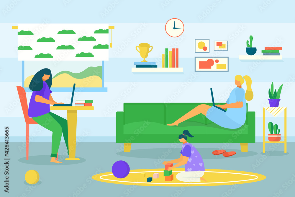 Lesbian couple freelancers, vector illustration. Cartoon women people character work with laptop computer technology at home. Flat internet worker Lesbian couple freelancers, vector illustration. Cartoon women people character work with laptop computer technology at home. Flat internet worker