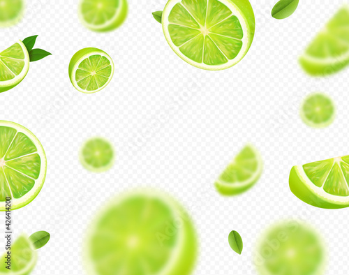 Falling lime fruit. Green slices of realistic lime, blurred motion on transparent background. Citrus fruits vector 3d illustration