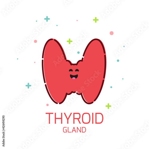 Cute healthy thyroid gland icon made in cartoon style. Body anatomy sign. Human endocrine system. Medical internal organ symbol. Vector illustration.