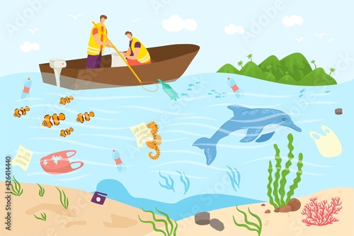 Ocean pollution  sea water with trash  vector illustration. Plastic waste in dirty pond  flat man woman people character picking up plastic garbage