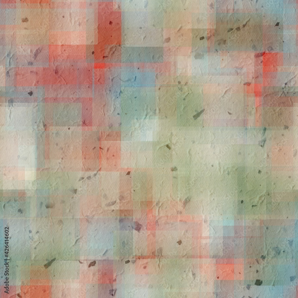 Seamless overlaid geometric shape pattern print. High quality illustration. Transparent rectangles filled with gradient colors scattered. Handmade paper texture overlay. Seamless overlaid geometric shape pattern print. High quality illustration. Transparent rectangles filled with gradient colors scattered. Handmade paper texture overlay.