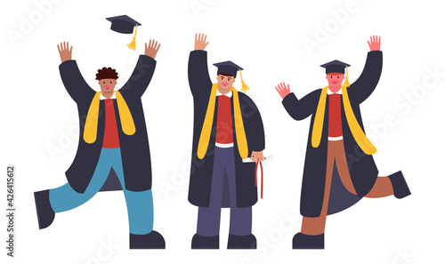 Group of graduating students standing together. With a headdress, with a report card, funny and happy characters, of different nationalities, in a flat style