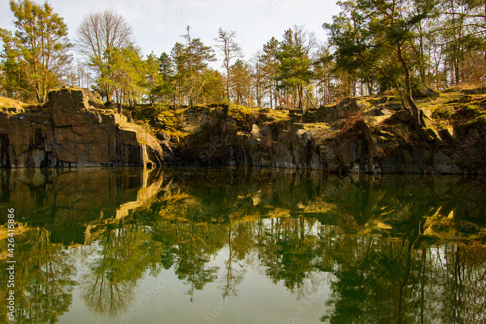Trees on a rock reflecting on a lake Trees on a rock reflecting on a lake