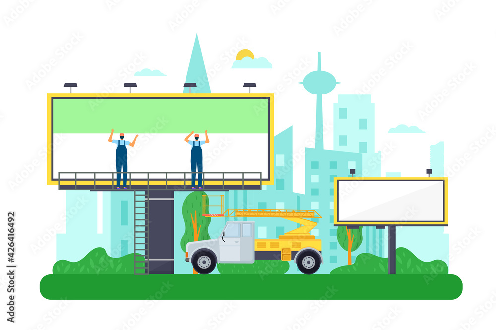 Replacement billboard, advertising banner painting, vector illustration. Man person work with commercial poster, install advertisement at platform. Replacement billboard, advertising banner painting, vector illustration. Man person work with commercial poster, install advertisement at platform.
