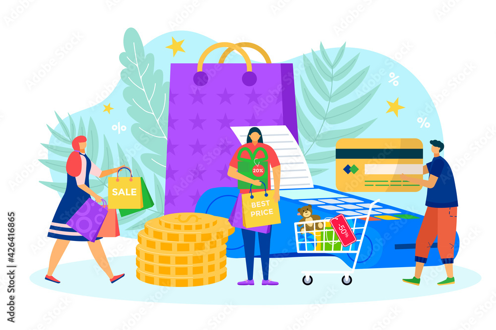 Discount sale for people concept, vector illustration. Man woman character buy gift, promotion for shopping. Bonus coin for customer Discount sale for people concept, vector illustration. Man woman character buy gift, promotion for shopping. Bonus coin for customer