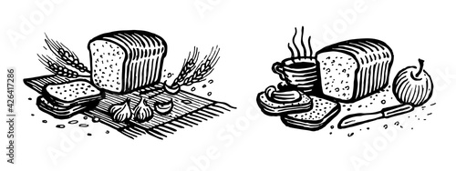 Bread with garlic and cumin, still lifes, vector illustration. Drawing with an ink pen and pencil. Still lifes with bread, garlic, tea and apple. A collection of farm products.