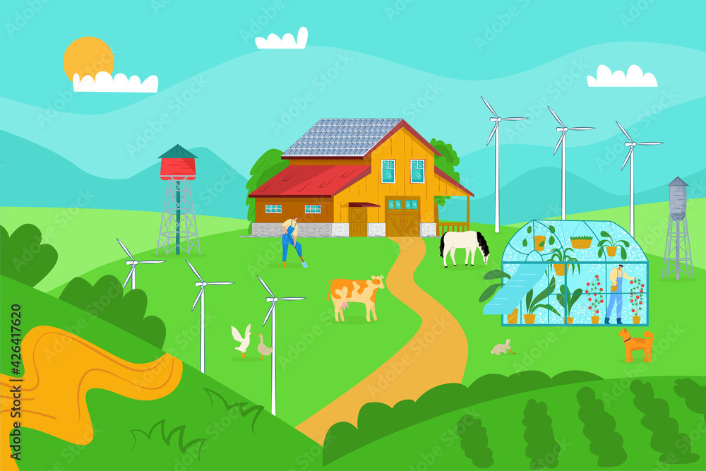 Smart farm technology for agriculture plant, vector illustration. Nature field farming with internet application, solar energy battery at roof.