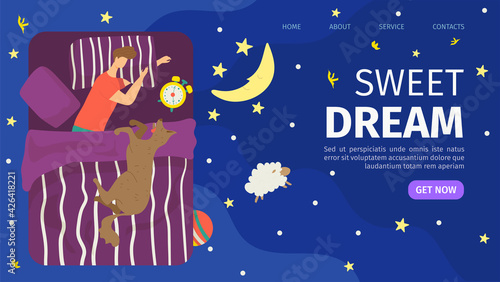 Sweet dream in bed, man sleep at night, landing banner, vector illustration. Male person character relax asleep concept, healthy rest at home