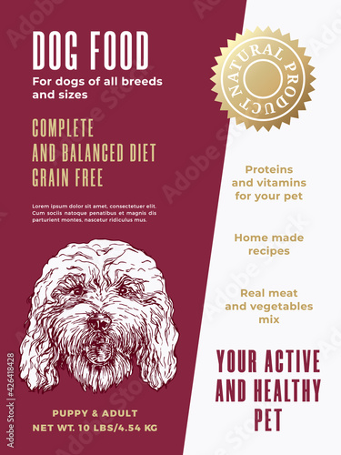 Pet Food Product Label Template. Abstract Vector Packaging Design Layout. Modern Typography Banner with Hand Drawn Cockapoo Dog Sketch Face Background. Isolated