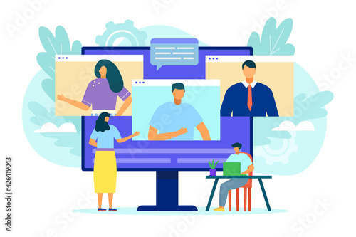 Online videoconference concept, vector illustration. Video chat at computer screen, group people character at virtual communication.