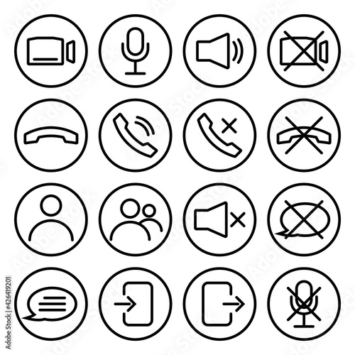 Webinar stream or video chat control icons. Speaker, microphone, video camera, phone, record and other related icons. Basic icons for Video Conference, Webinar and Video chat. Vector