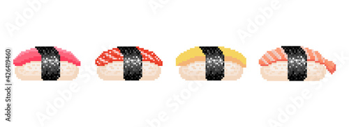 Pixel sushi set. Pixel art classic japanese food sushi set. Pixel art nigiri set of tuna, salmon, shrimp and egg (tamago) sushi.