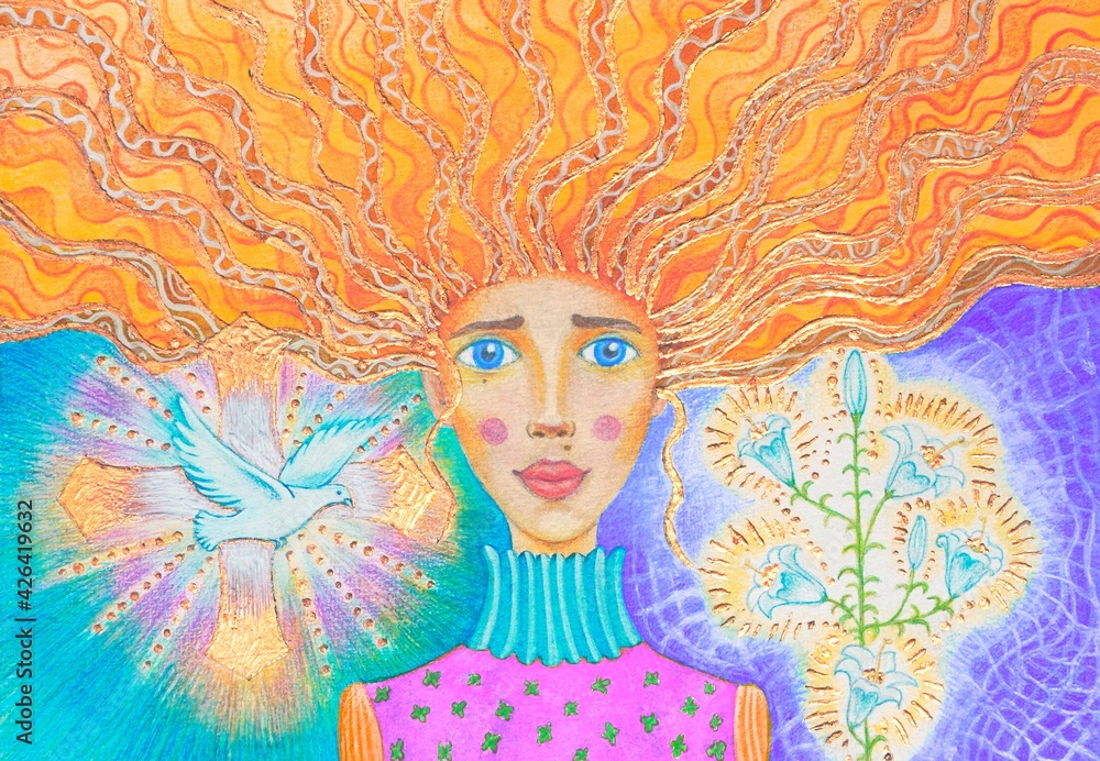 Disegno bella ragazza con i capelli dorati e occhi blu prega. Colomba bianca, croce raggiante, giglio. Disegno bella ragazza con i capelli dorati e occhi blu prega. Colomba bianca, croce raggiante, giglio.