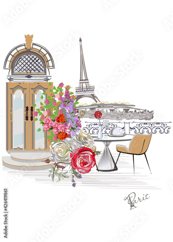 Design with the Eiffel tower, a cup of coffee and a café entrance. Lantern decorated with flowers. Hand drawn vector illustration.