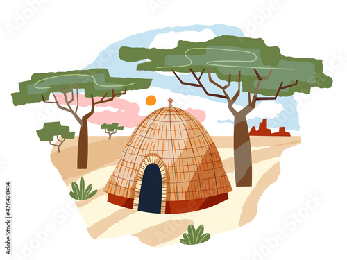 African tribal hut in nature. Traditional ethnic house vector illustration. Family building in village surrounded by trees, sand, sky, sun background. Living in Africa scene