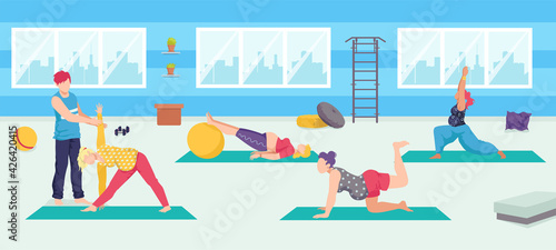 Group yoga for pregnant woman  vector illustration. Cartoon female character do exercises at gym  fitness lesson for healthy maternity.