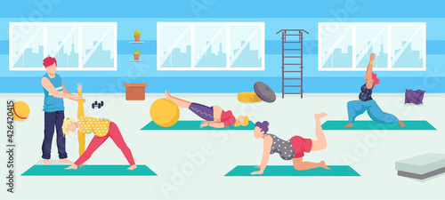 Group yoga for pregnant woman, vector illustration. Cartoon female character do exercises at gym, fitness lesson for healthy maternity.