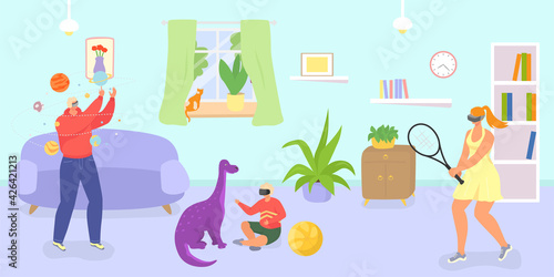 Family vr vacation, vector illustration. Cartoon man woman people character play video game at home, couple playing with virtual reality glasses