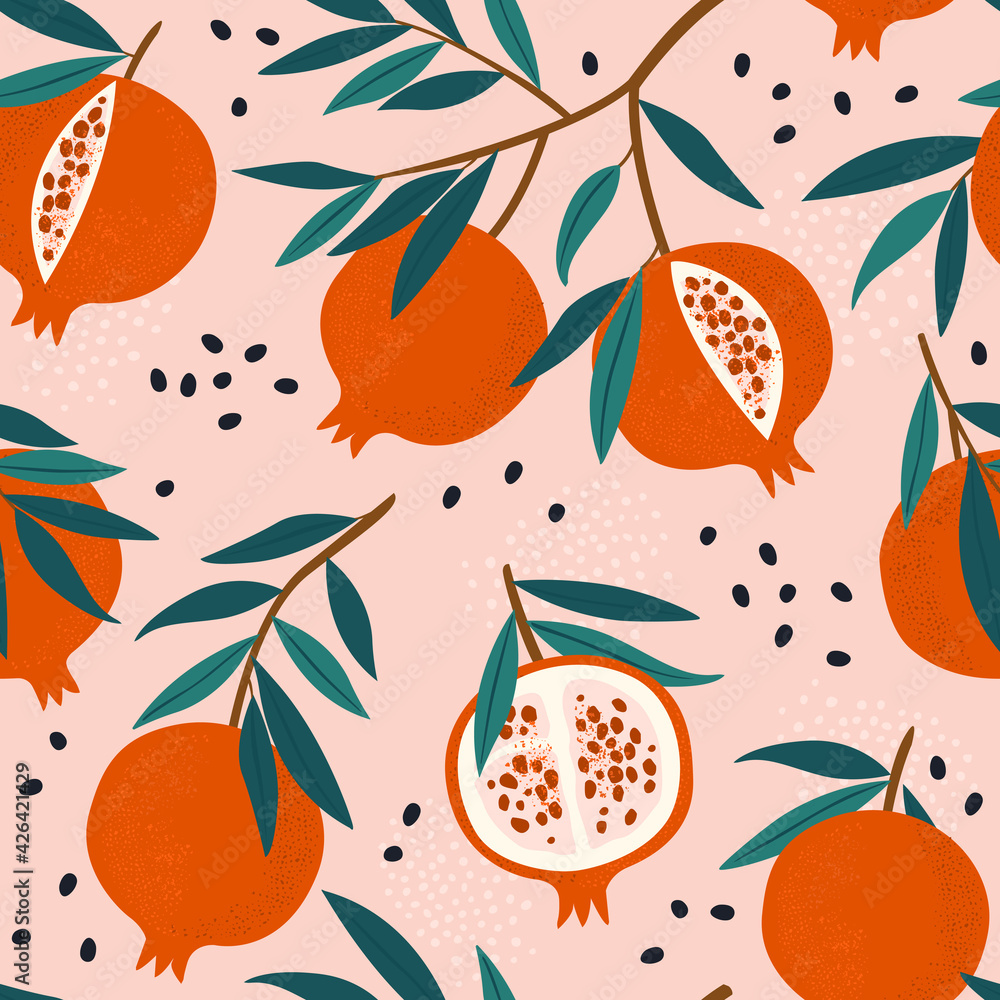 Pomegranate leaf seamless pattern. Red garnet seamless pattern vector illustration. Vector illustration of pomegranate fruit. Garnet vector.