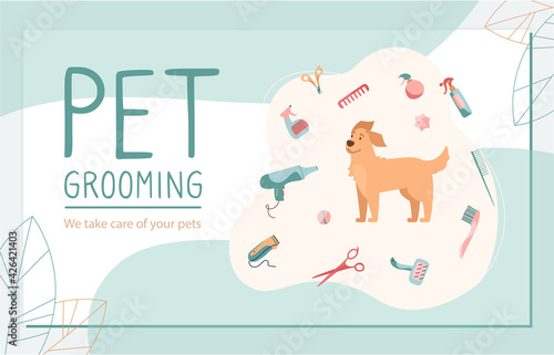Vector business card for grooming salon. Illustration of a dog of the Golden Retriever breed and products for grooming hair and claws, hairdryer, shampoos, scissors and more. Flat style.
