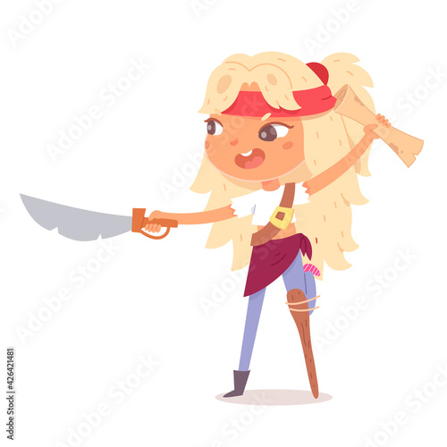 Little girl as pirate having adventure. Cute child holding sword and paper scroll in hand vector illustration. Kid with headband and wooden leg isolated on white background