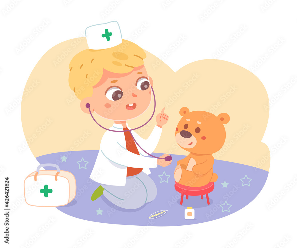 Little boy playing doctor with teddy bear. Happy kid with toy as patient in hospital vector illustration. Cute child treating sick plush toy. Childhood activity at home scene Little boy playing doctor with teddy bear. Happy kid with toy as patient in hospital vector illustration. Cute child treating sick plush toy. Childhood activity at home scene
