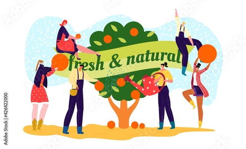 Farm market label with organic food, vector illustration. Man woman people ch...