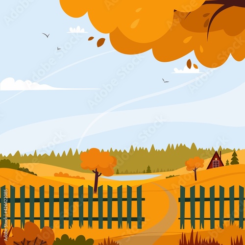 Autumn landscape. Lake in the forest. Vector graphics.