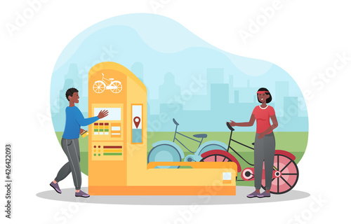 Male and female character using bicycle rental