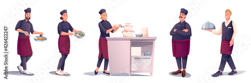 Crew cooking in restaurant, characters set. Professional chef with team preparing food, waiter with serving plate vector illustration. Horizontal panorama of workers on white background