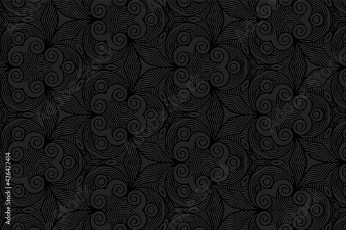 Geometric volumetric convex black background. Ethnic African, Mexican, Indian motives. 3d embossed original pattern.Fashionable craft style for presentations.