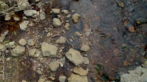 Beautiful forest river with stones in top down ascend drone view