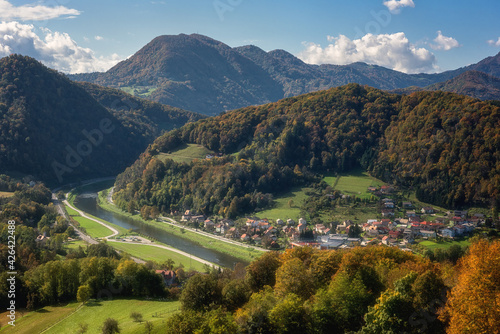 Scenic view of the Lasko valley, Celje countryside and beautiful Alps mountains from Celje castle (Celjski Stari grad), amazing autumn landscape, Slovenia, Styria. Outdoor travel background