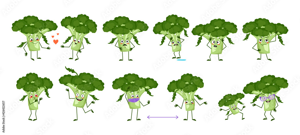 Set of cute broccoli characters with emotions, faces, arms and legs. Funny or sad heroes, green vegetables play, fall in love, keep their distance. Vector flat illustration Set of cute broccoli characters with emotions, faces, arms and legs. Funny or sad heroes, green vegetables play, fall in love, keep their distance. Vector flat illustration