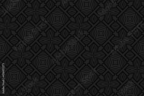 Geometric volumetric convex black background. Ethnic African, Mexican, Indian motives. 3d embossed modern abstract pattern.Fashionable craft style for wallpaper, business cards.