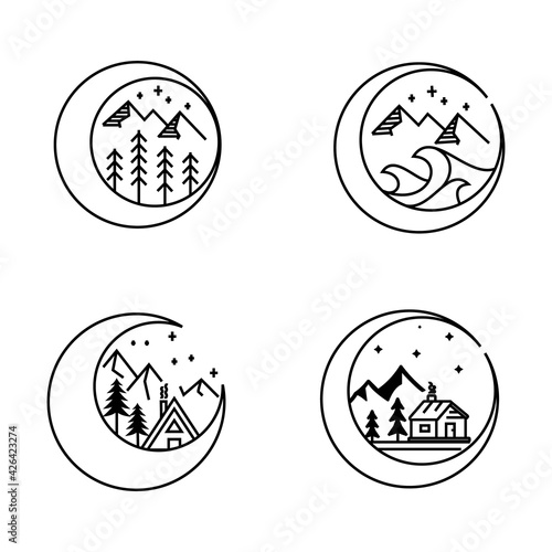 bundle cabin forest logo line art logo vector illustration design graphic