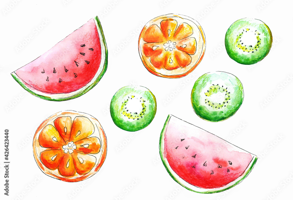 Watermelon, orange and kiwi slices on a white background. Watermelon, orange and kiwi slices on a white background.