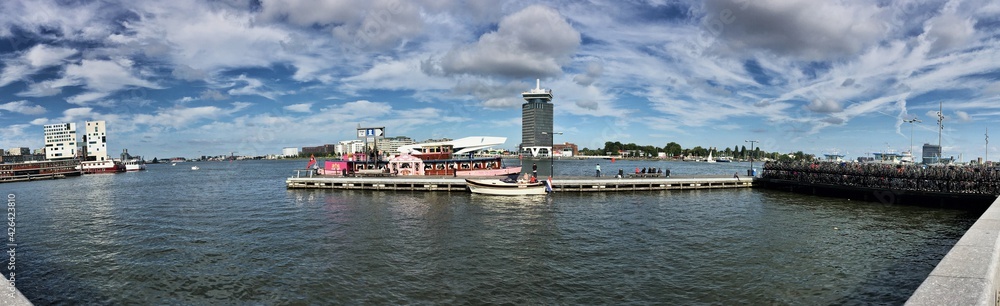 A panoramic view of Amsterdam harbour A panoramic view of Amsterdam harbour