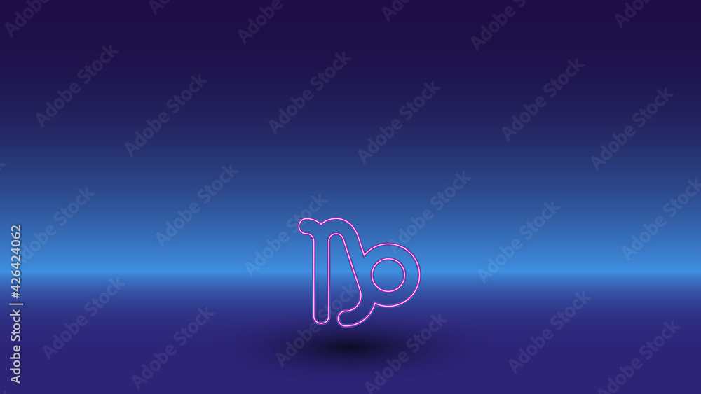 Neon zodiac capricorn symbol on a gradient blue background. The isolated symbol is located in the bottom center. Gradient blue with light blue skyline