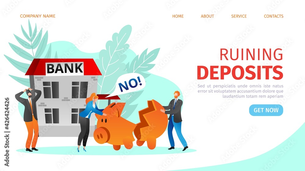 Fototapeta premium Bank brake down bankrupt crisis lockdown vector illustration with worried man and woman characters feeling bankruptcy