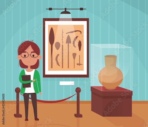 Exhibits in the exhibition hall of the Museum of Archeology. The guide is standing nearby. Modern flat vector clipart cartoon illustration.