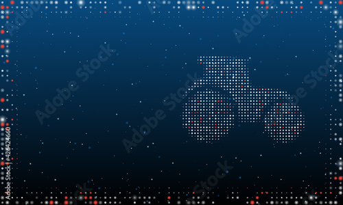 On the right is the tractor symbol filled with white dots. Pointillism style. Abstract futuristic frame of dots and circles. Some dots is red. Vector illustration on blue background with stars